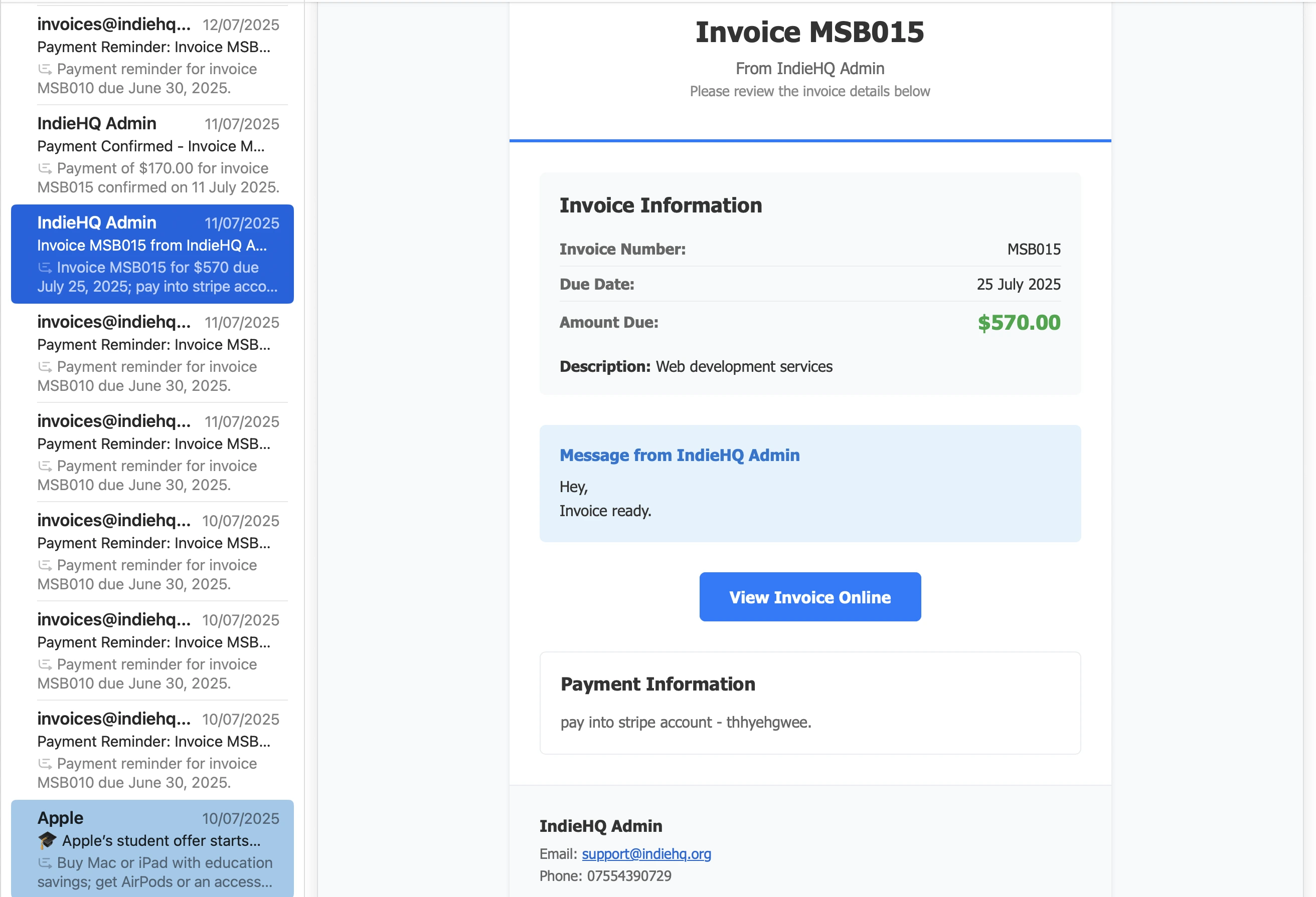 Client receives invoice email