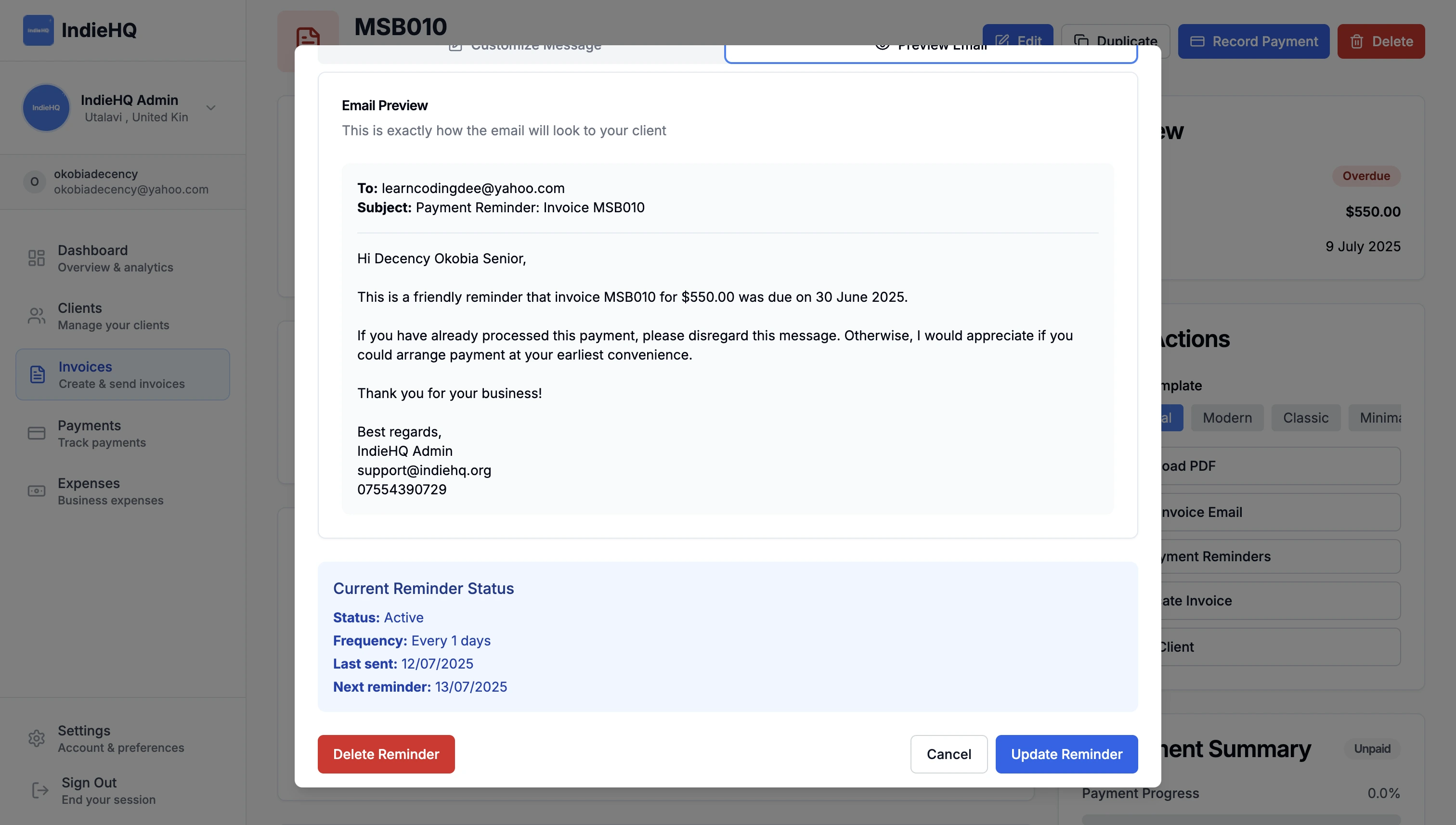 Payment Reminder Setup Dashboard